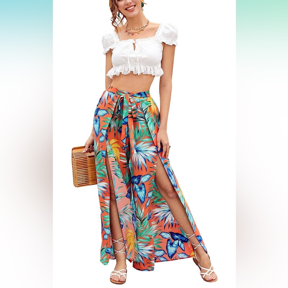 Wide Leg Straight Pant Vintage Print Loose Split Beach Pants Women Chic Casual